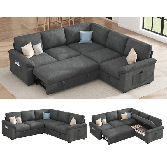 VanAcc Sleeper Sofa Bed with Storage, L Shaped Convertible Couch for Living Room, Side Pockets and Plush Armrest Pillow