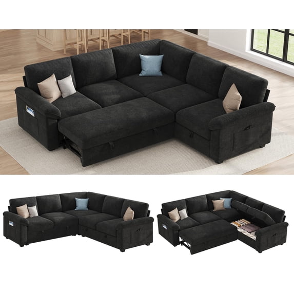 VanAcc Sleeper Sofa Bed with Storage, L Shaped Convertible Couch for Living Room, Side Pockets and Plush Armrest Pillow