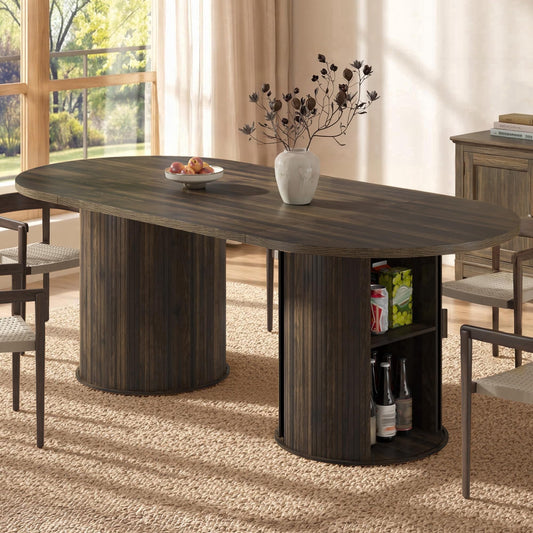 VanAcc 86.6'' Modern Extra Long Oval Dining Table with Hidden Storage, Wooden Dining Table, Seats 6–8, Sturdy Kitchen Furniture