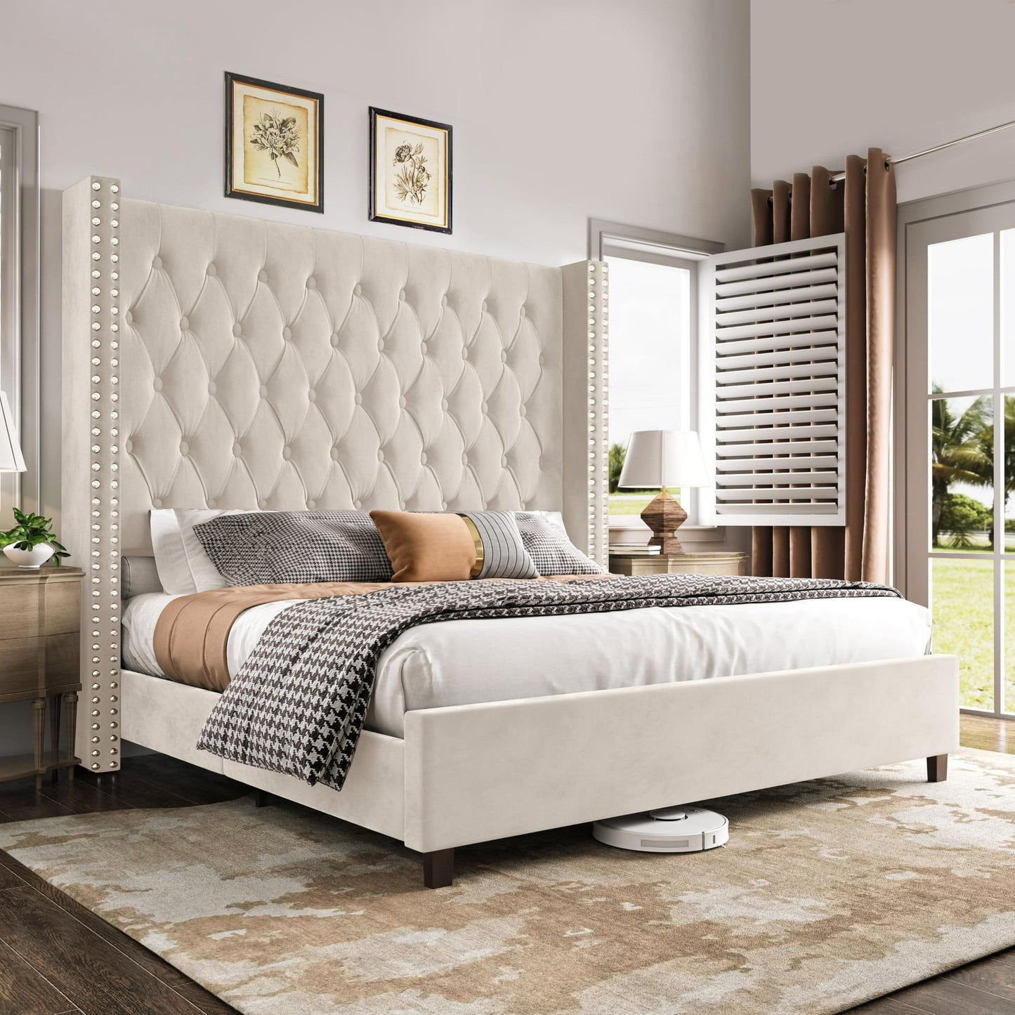 VANACC Platform Bed Frame 61.4" Handmade Headboard Velvet Tall Upholstered Bed Deep Button Tufted/No Box Spring Required/Wood Slat Support/Easy Assembly