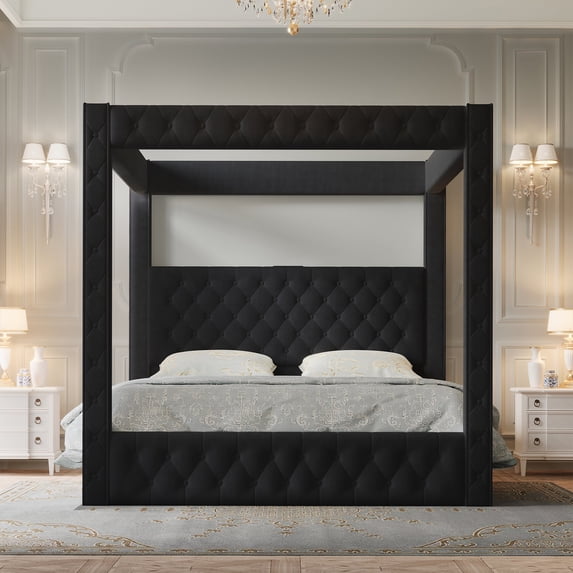 VanAcc Canopy Bed Frame with 74.8" Tall Four-Post Design, Modern Deep-Tufted Velvet Upholstered Headboard with Charging Station