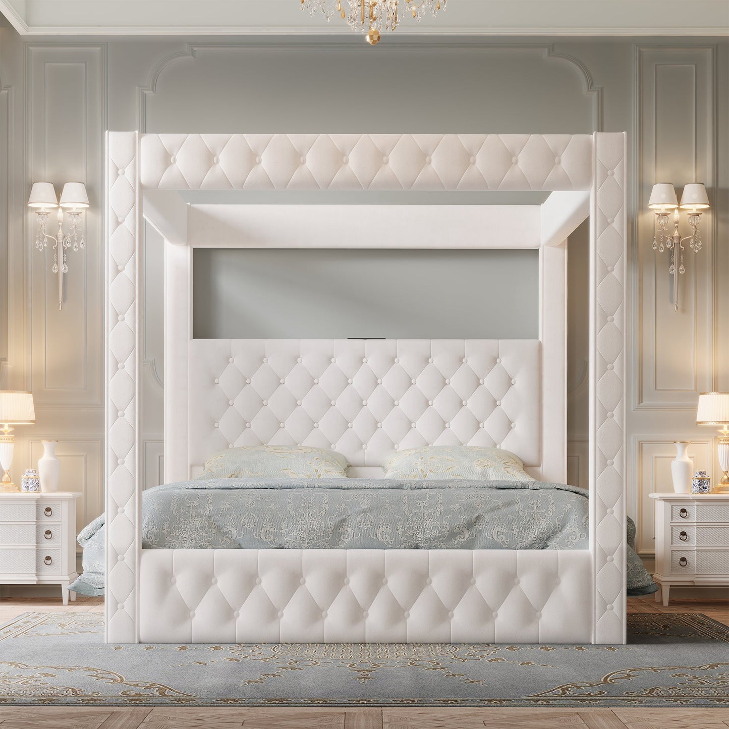 VanAcc Canopy Bed Frame with 74.8" Tall Four-Post Design, Modern Deep-Tufted Velvet Upholstered Headboard with Charging Station