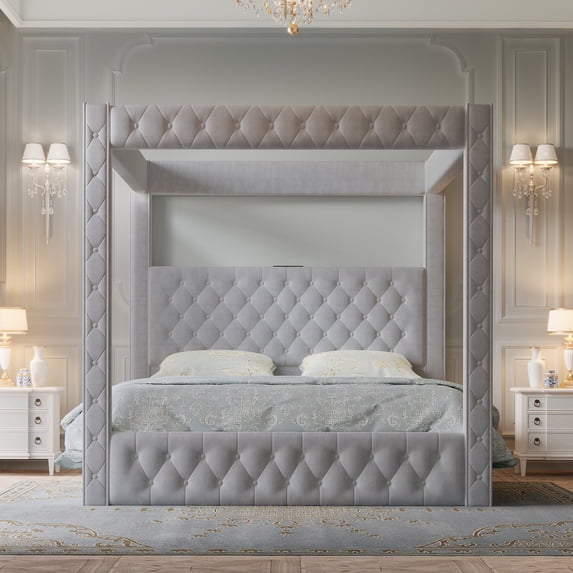 VanAcc Canopy Bed Frame with 74.8" Tall Four-Post Design, Modern Deep-Tufted Velvet Upholstered Headboard with Charging Station