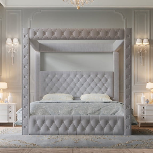 VanAcc Canopy Bed Frame with 74.8" Tall Four-Post Design, Modern Deep-Tufted Velvet Upholstered Headboard with Charging Station