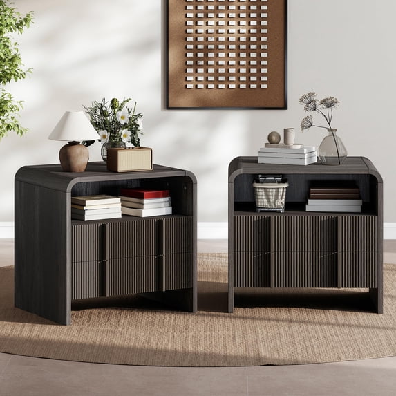 VanAcc Fluted Night Stand Set of 2 with Storage Drawers, Modern Small Nightstand with Open Shelf, Wood End Table for Bedroom, Living Room