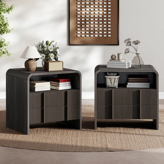 VanAcc Fluted Night Stand Set of 2 with Storage Drawers, Modern Small Nightstand with Open Shelf, Wood End Table for Bedroom, Living Room