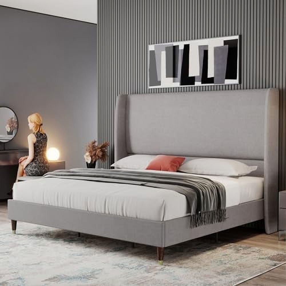 VanAcc Platform Bed Frame 51.2" High Headboard Linen Tall Upholstered Bed/No Box Spring Required/Wood Slat Support/Easy Assembly