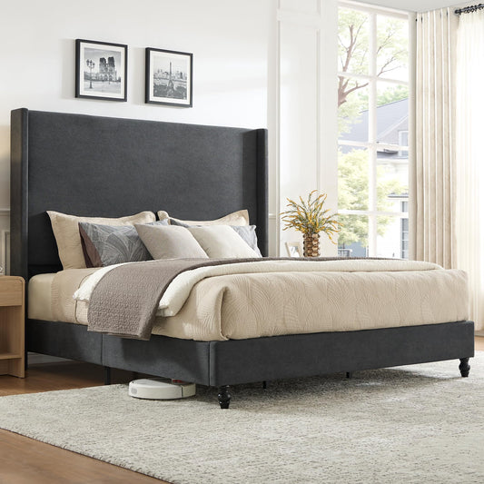 VanAcc Bed Frame with 65" Tall Headboard, Horizontal Fine Corduroy Bed Frame with Upholstered Wingback, Vintage Solid Wood Gourd Legs