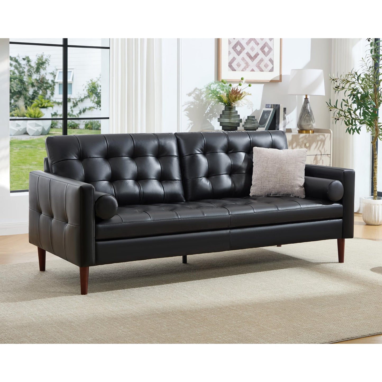 VanAcc Mid Century Genuine Leather Couch, 3 Seater Modern Sofa, Comfy Couch for Living Room & Home Office, Leather Sofa