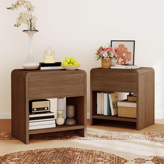VanAcc Modern NightStand Set 2 with Storage Drawer & Shelves, Natural Wood Finish,Curved Top Corners, for Bedroom Living Room Sofa Office