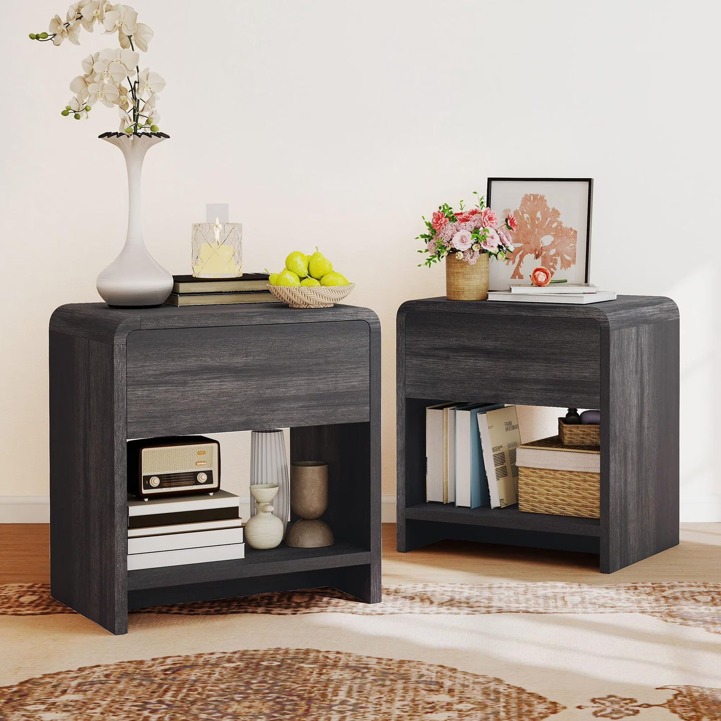 VanAcc Modern Nightstand Set of 2 with Storage Drawer & Open Shelves, 24" Round Bedside Table for Bedroom, Living Room