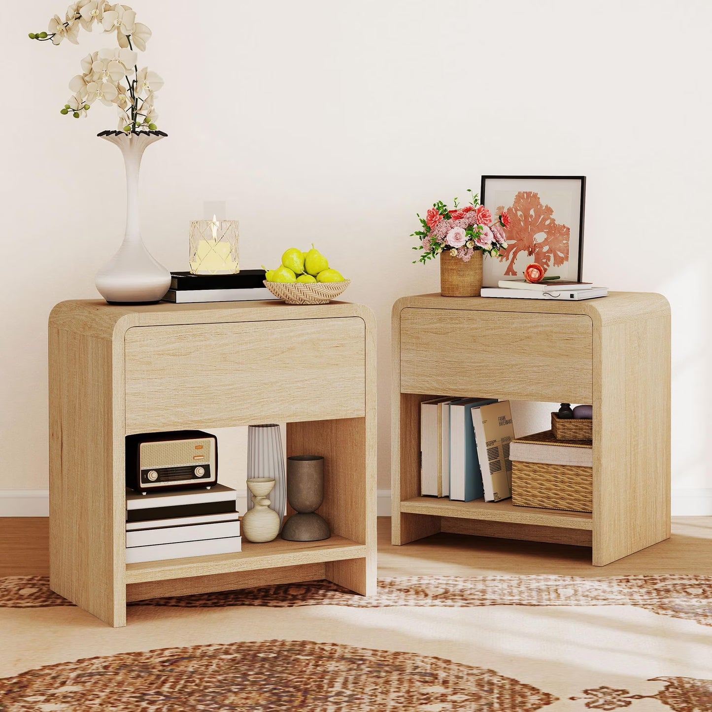 VanAcc Modern Nightstand Set of 2 with Storage Drawer & Open Shelves, 24" Round Bedside Table for Bedroom, Living Room
