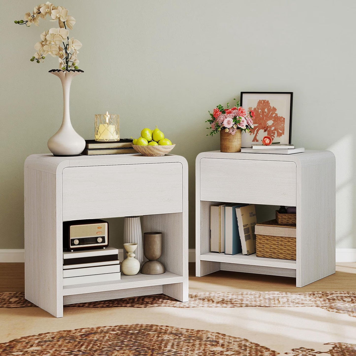 VanAcc Modern Nightstand Set of 2 with Storage Drawer & Open Shelves, 24" Round Bedside Table for Bedroom, Living Room