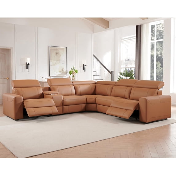 VanAcc Power Recliner Sofa, Electric Reclining Sofa with Console & Dual Recliner, Leather Sectional Couch for Living Room