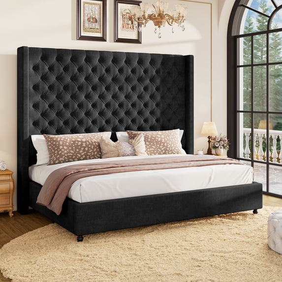 VanAcc Bed Frame with 63" Tall Wingback Headboard, Extral Tall Headboard, Handcrafted Deep Button Tufting, Noise-Free, Solid Wood Legs