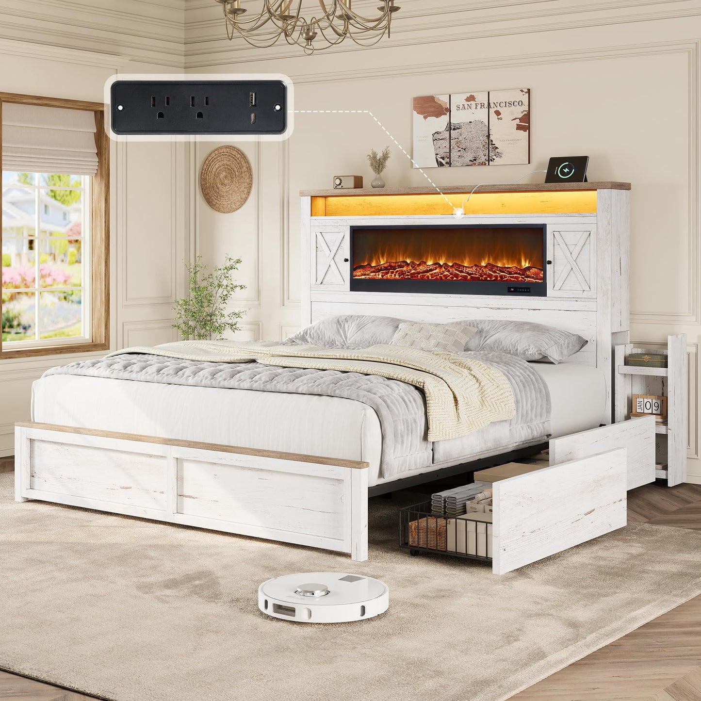 VanAcc Bed Frame with Fireplace, Farmhouse with 57" Headboard, Barn Door Cabinets, 4 Drawers, RGB LED & Charging Station