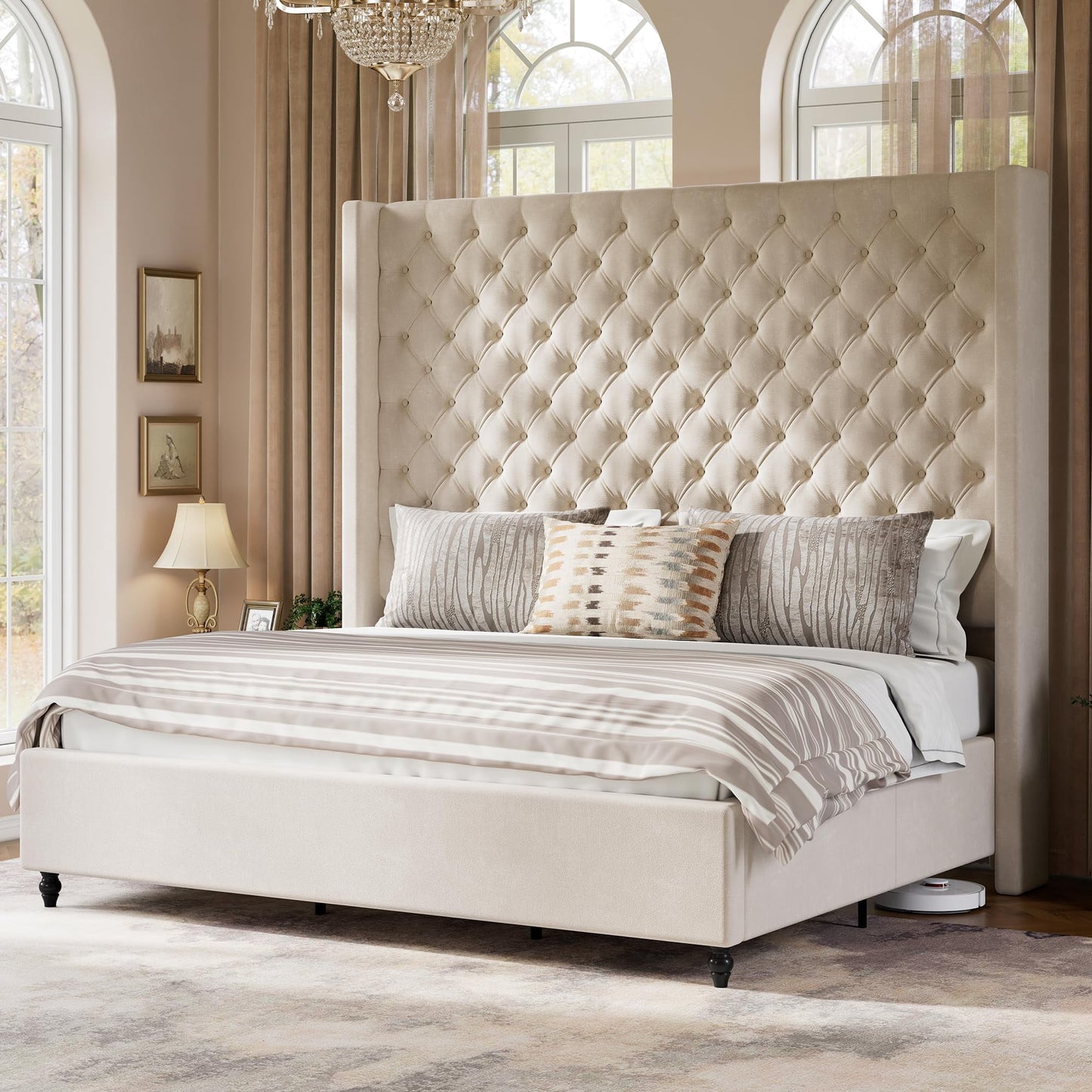 VanAcc Bed Frame with Tall Headboard, Upholstered Wingback Platform Design, Solid Wood Legs