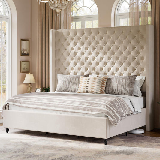 VanAcc Bed Frame with Tall Headboard, Upholstered Wingback Platform Design, Solid Wood Legs