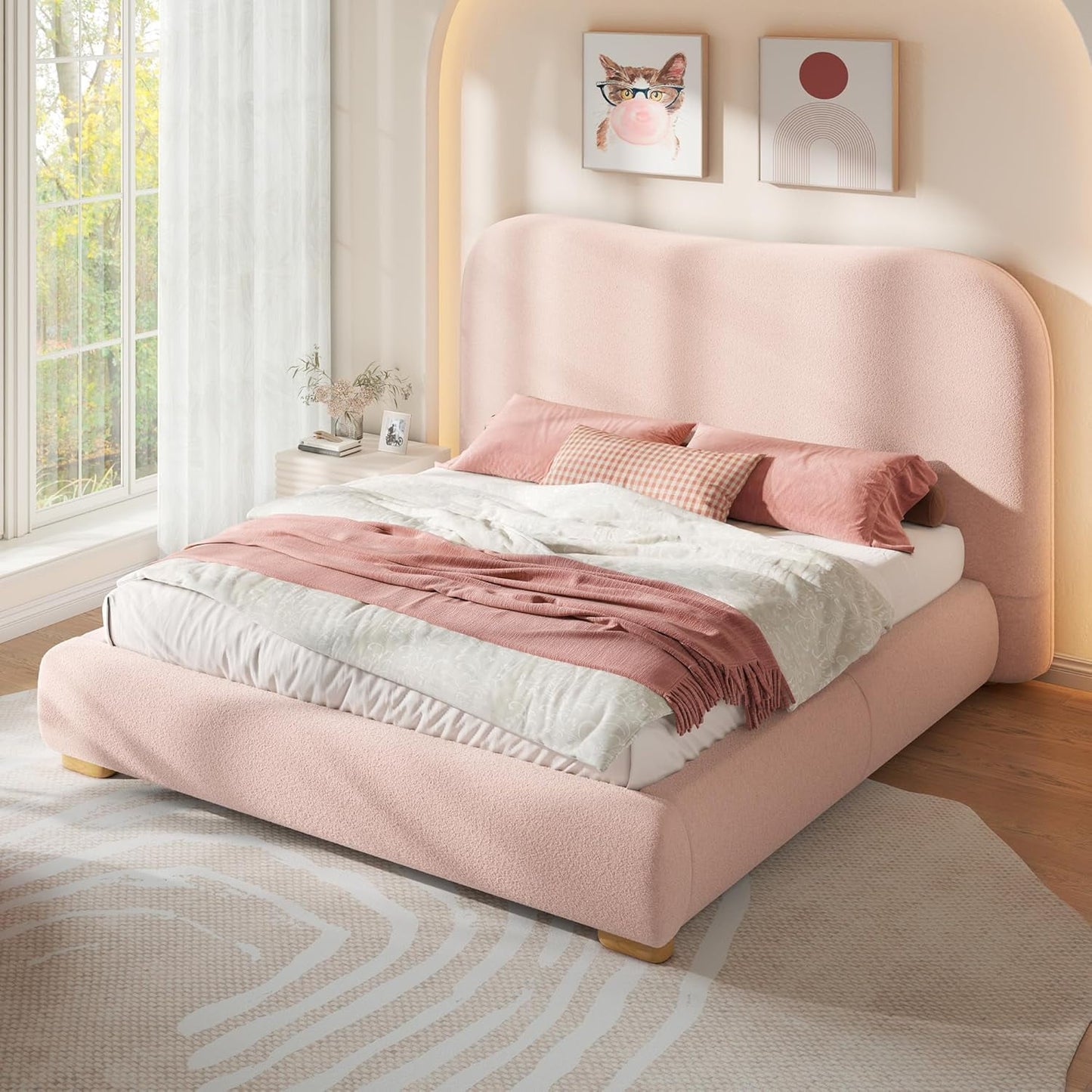 VanAcc Cloud Bed Frame, 7.1" Thick Curved Headboard, Modern Upholstered Platform Bed, Easy Assembly