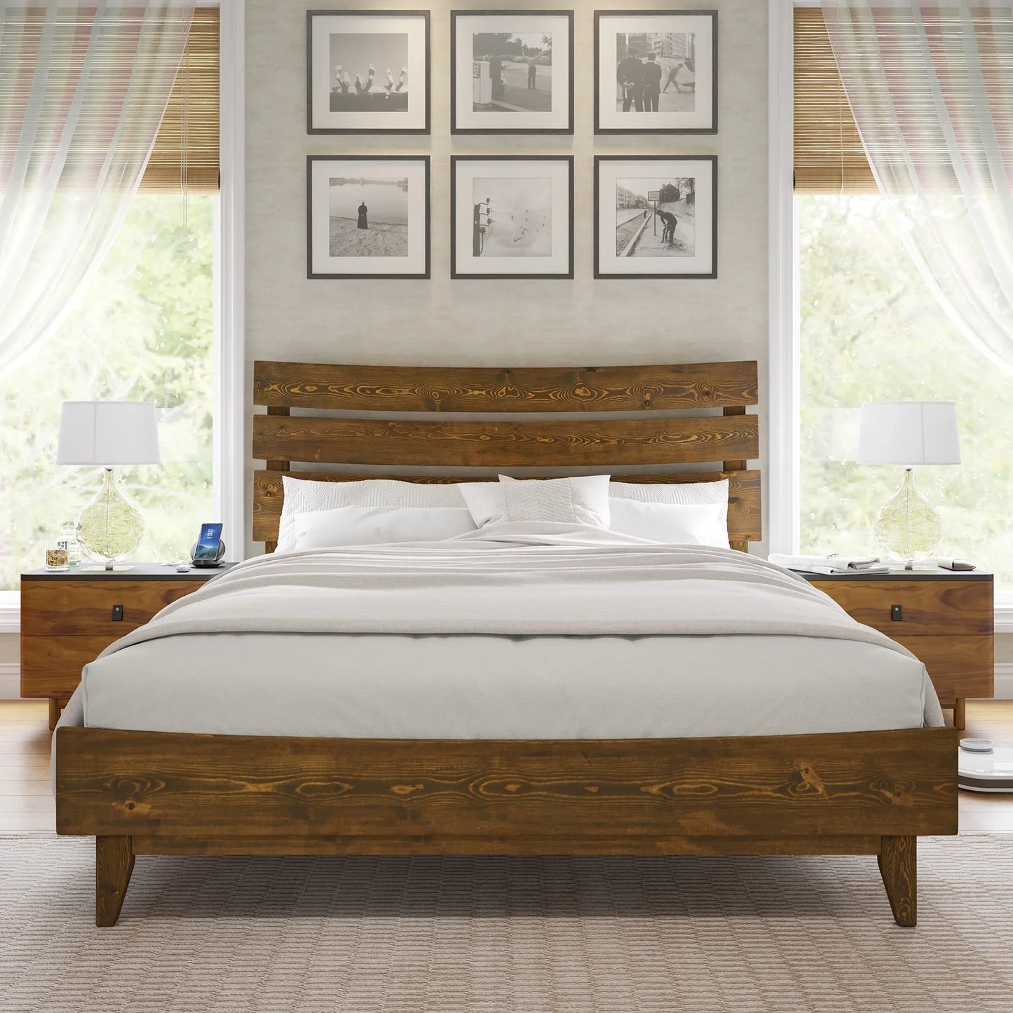 Queen Solid Wood Bed Frame with Slatted Headboard, Wood Slat Support, No Box Spring, Walnut