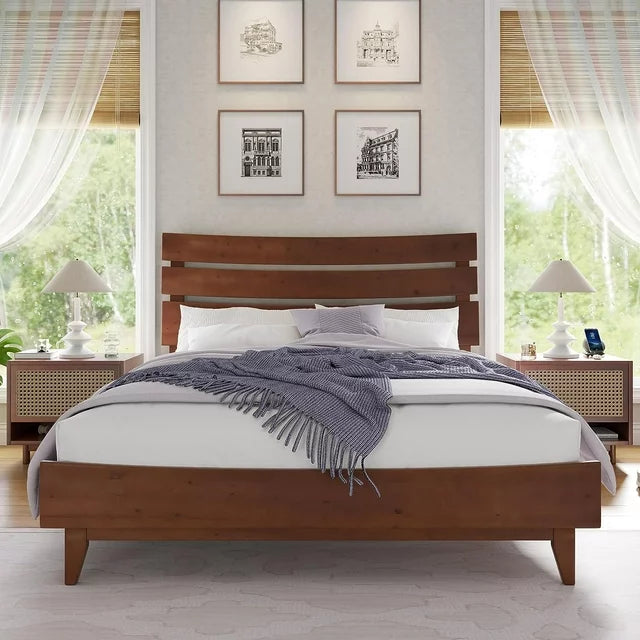 Queen Solid Wood Bed Frame with Slatted Headboard, Wood Slat Support, No Box Spring, Walnut