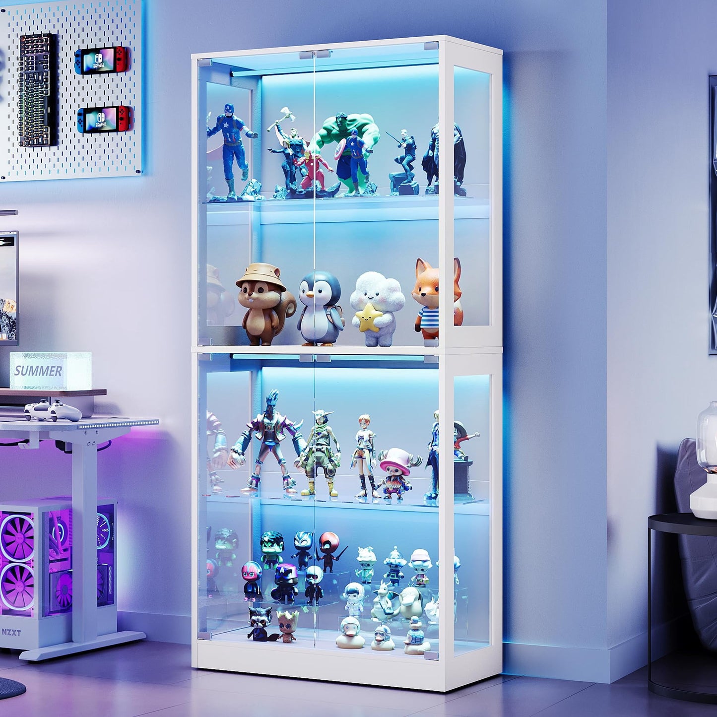 VANACC Display Cabinet with Glass Doors and RGB Lights, 4-Tier Storage Display Case for collectibles, Adjustable Shelves, MDF and Tempered Glass