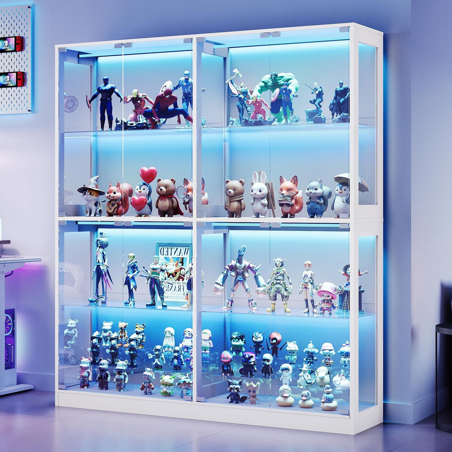 VANACC Display Cabinet with Glass Doors and RGB Lights, 4-Tier Storage Display Case for collectibles, Adjustable Shelves, MDF and Tempered Glass