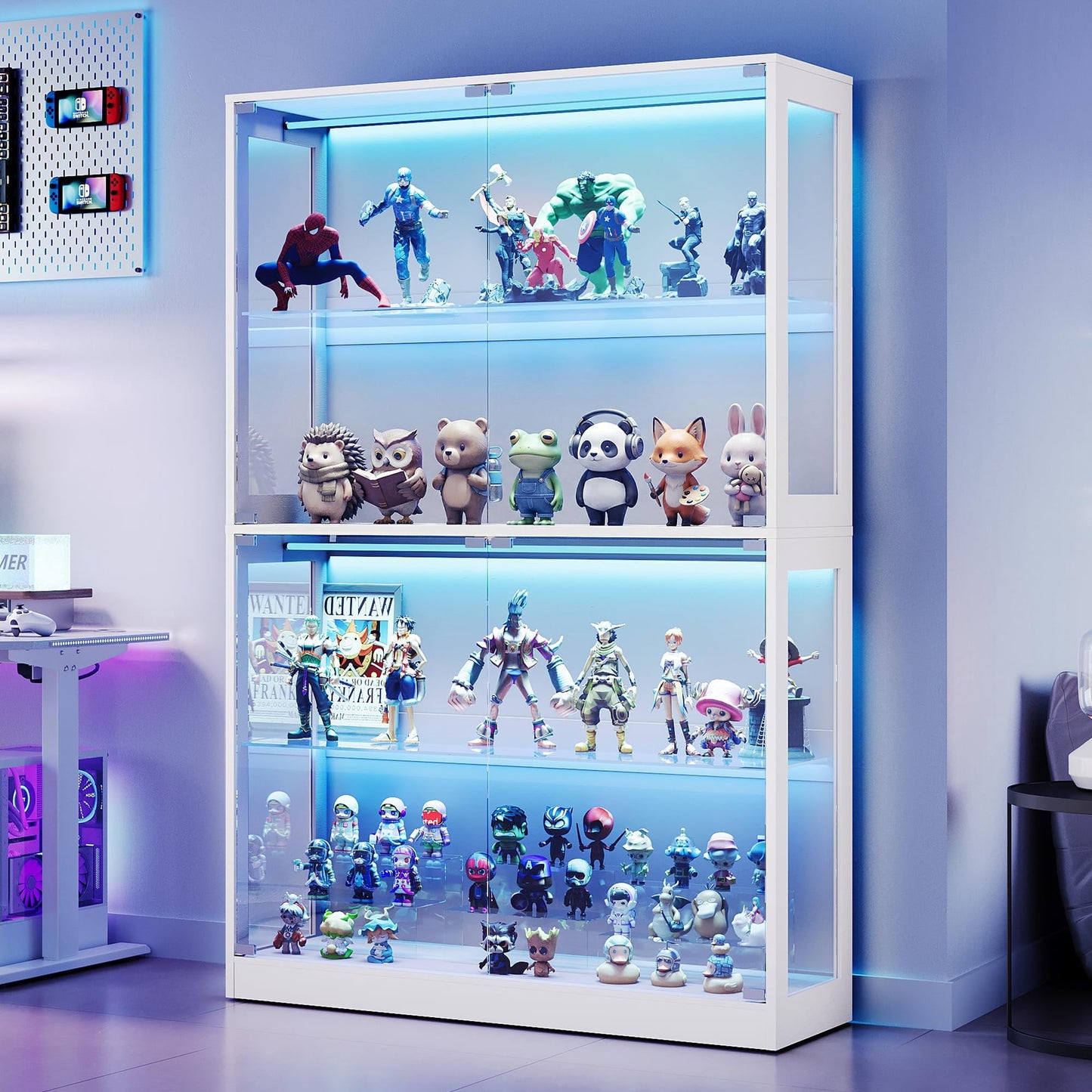 VANACC Display Cabinet with Glass Doors and RGB Lights, 4-Tier Storage Display Case for collectibles, Adjustable Shelves, MDF and Tempered Glass