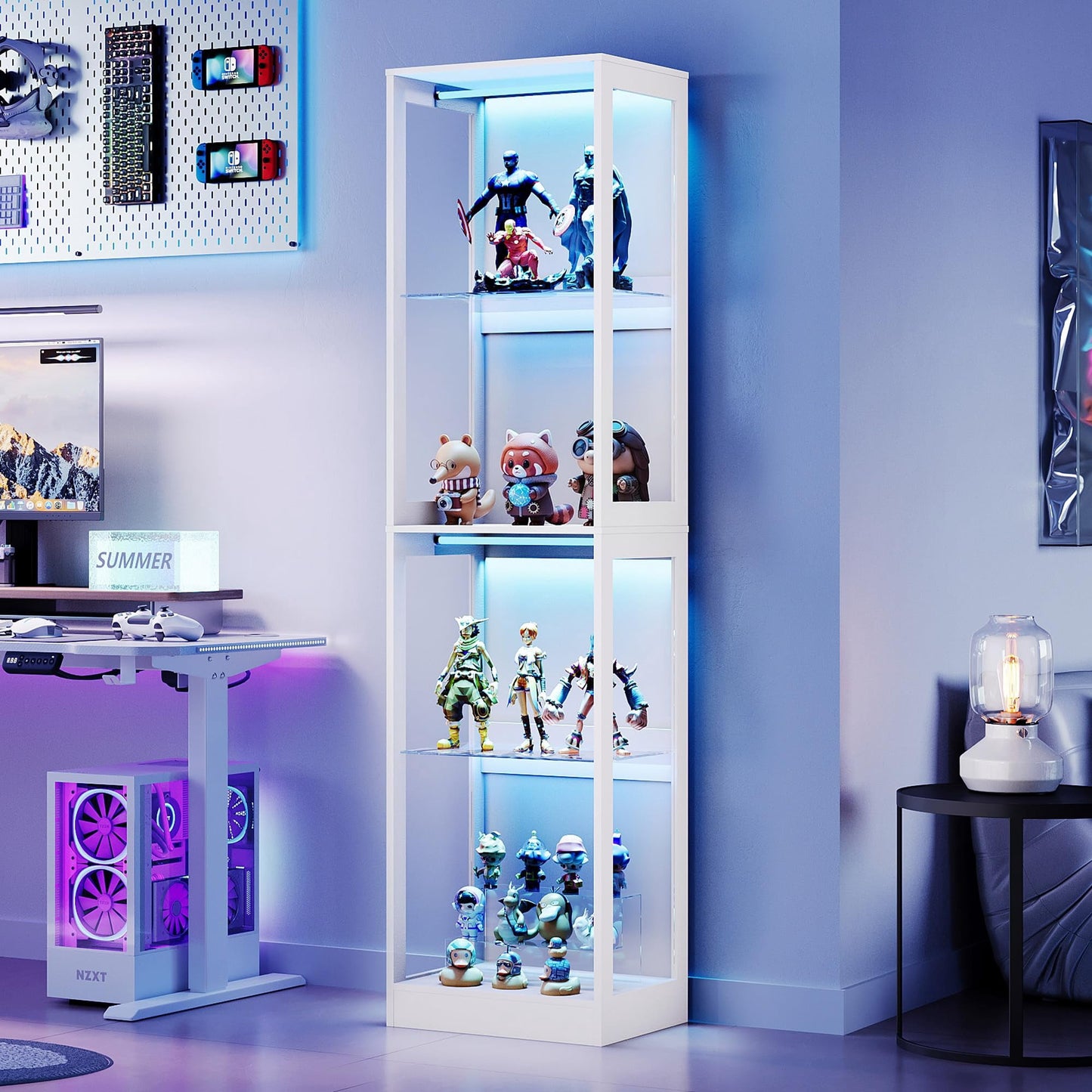 VANACC Display Cabinet with Glass Doors and RGB Lights, 4-Tier Storage Display Case for collectibles, Adjustable Shelves, MDF and Tempered Glass