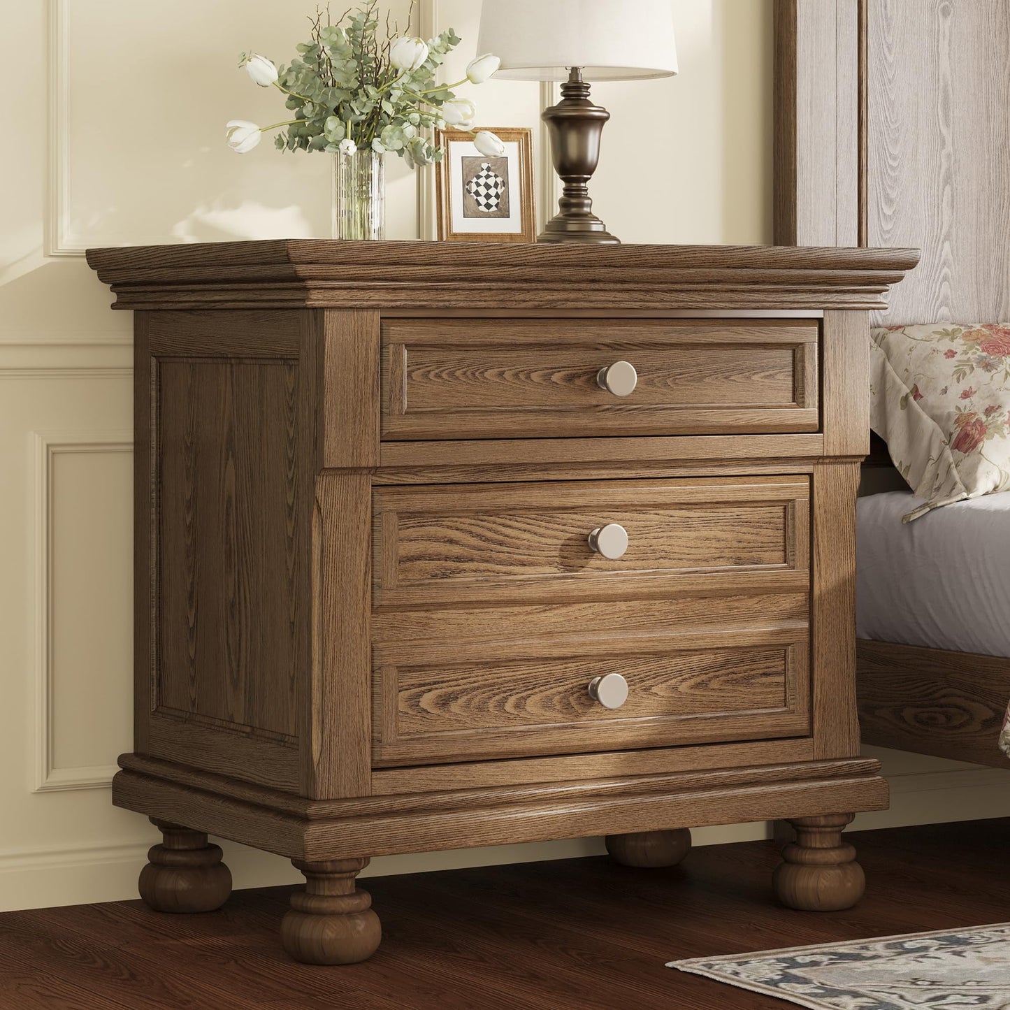 VanAcc Solid Wood Nightstand, Fully Assembled End Table with 2 Storage Drawers, 26" Extra Large Traditional Bedside Cabinet for Bedroom