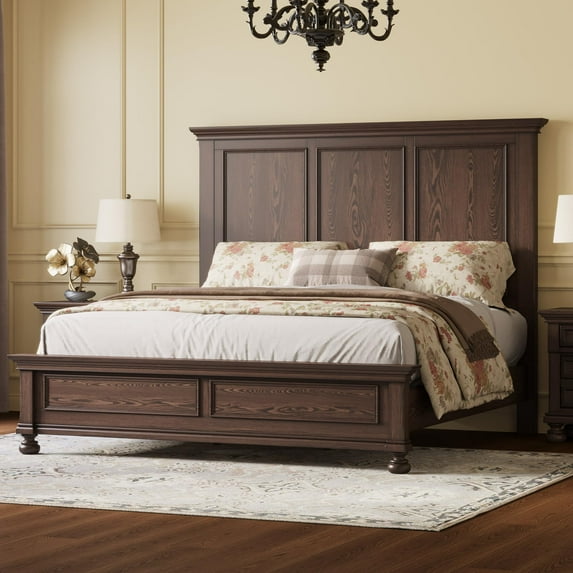 VanAcc Solid Wood Bed Frame with 65.2" High Headboard, Traditional Platform Bed with Heavy Duty Slats, Easy Assembly