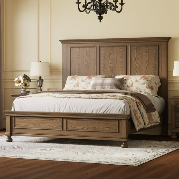 VanAcc Solid Wood Bed Frame with 65.2" High Headboard, Traditional Platform Bed with Heavy Duty Slats, Easy Assembly