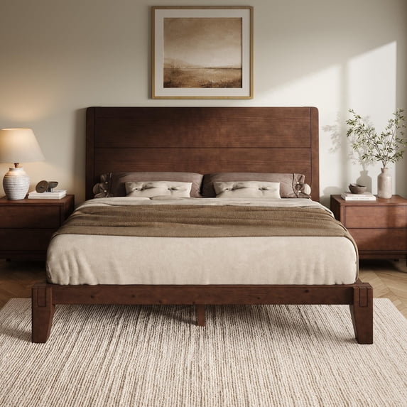 VanAcc Solid Wood Queen Bed Frame with Headboard, Japanese Joinery, Walnut, Mortise-and-Tenon Joinery, Minimalist Modern Style