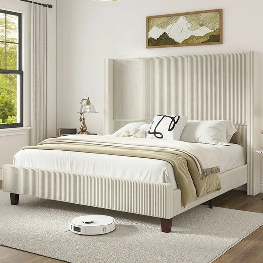 Queen Size 61" Corduroy Upholstered Bed Frame with Vertical Stripe Wingback Headboard/Cream