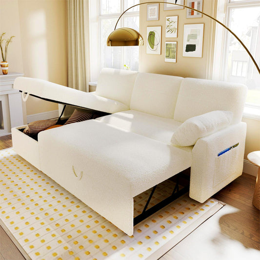 VANACC Convertible Sofa Bed, 2-in-1 Pull-Out L-Shaped Sleeper Couch with Storage Chaise, White Boucle, Perfect for Living Rooms