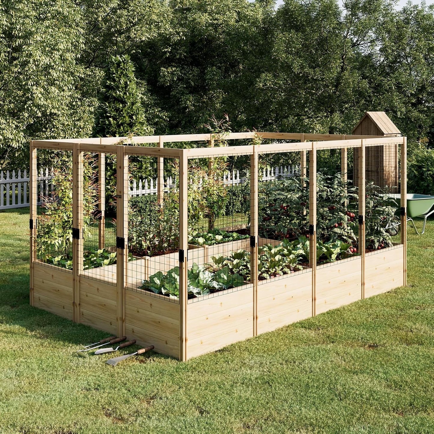 Jocisland Wooden Raised Garden Bed for Outdoor, Deep Large Planter Box with Netting for Gardening, Vegetables, Herbs