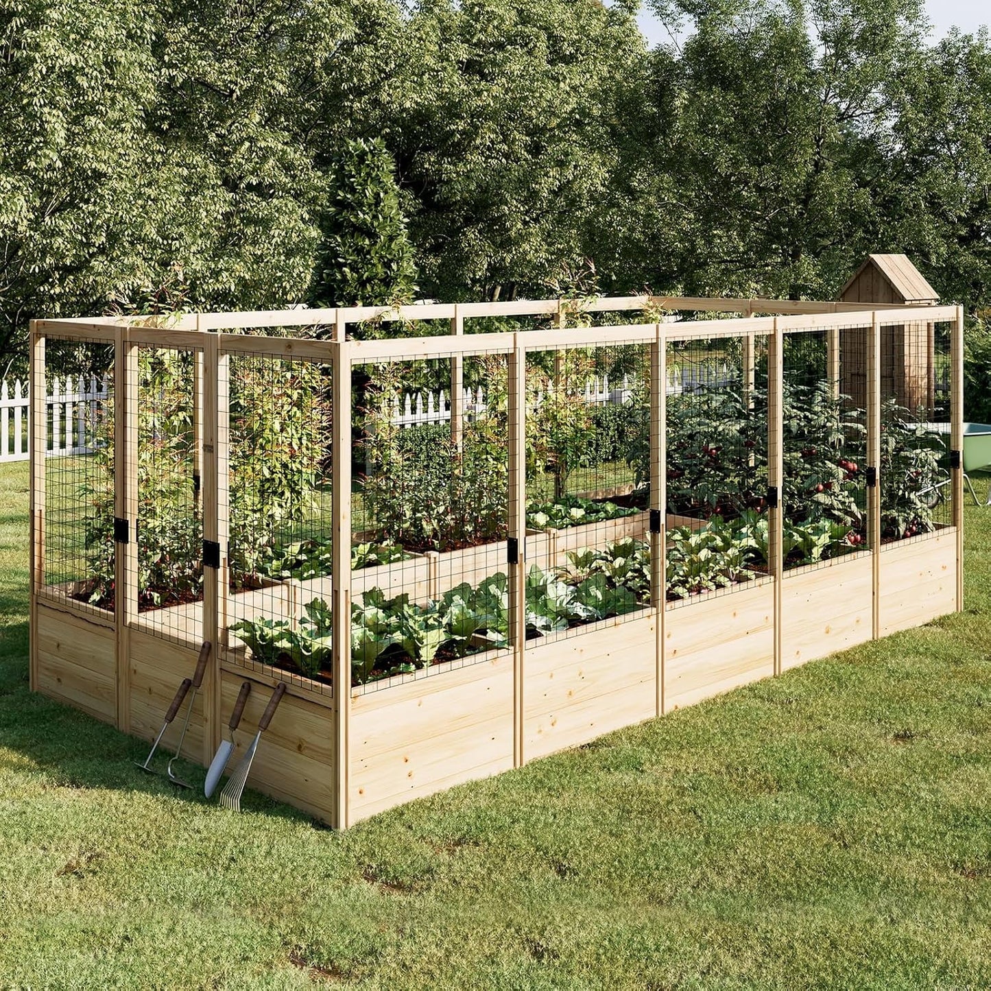 Jocisland Wooden Raised Garden Bed for Outdoor, Deep Large Planter Box with Netting for Gardening, Vegetables, Herbs