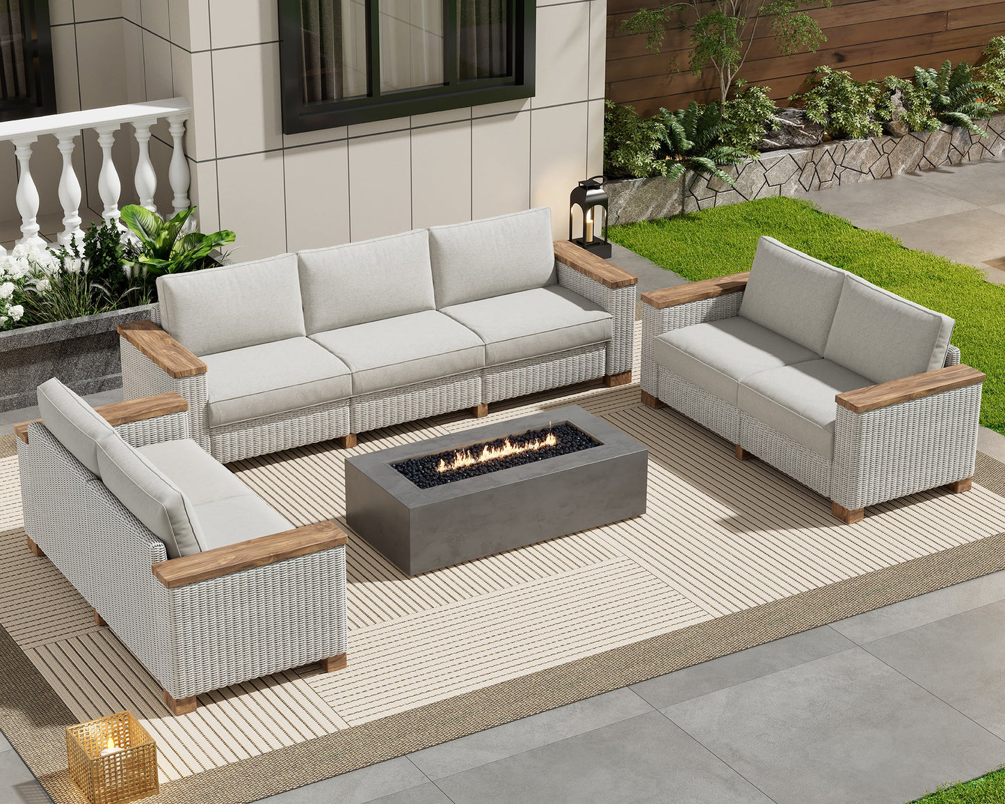 Patio Furniture Set, 4 Piece Modular Rattan Outdoor Sectional Set with Washable Cushions, 2 Loveseats for Lawn Deck Backyard Garden,