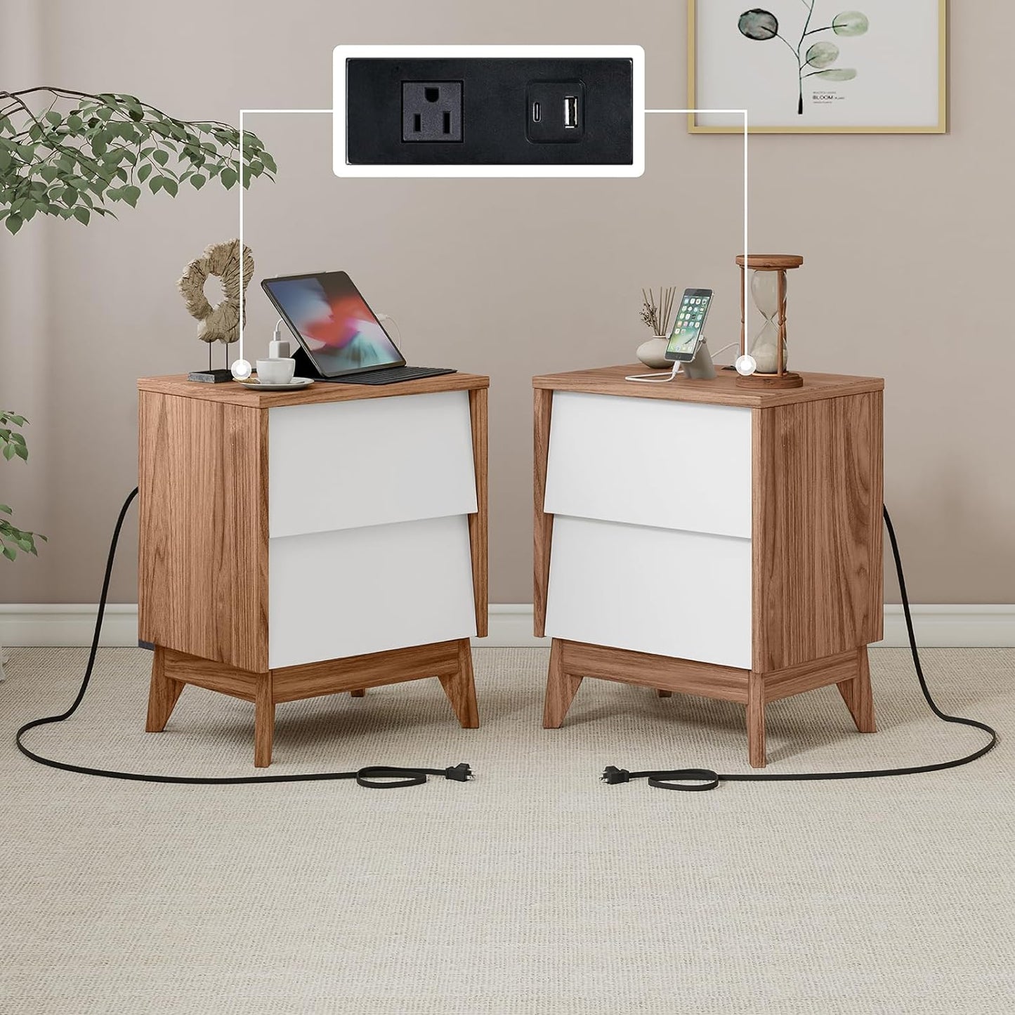 Nightstands Set of 2, Mid-Century End Side Table with Beveled Drawers & Charging Station, Modern Storage Cabinet for Bedroom, Office