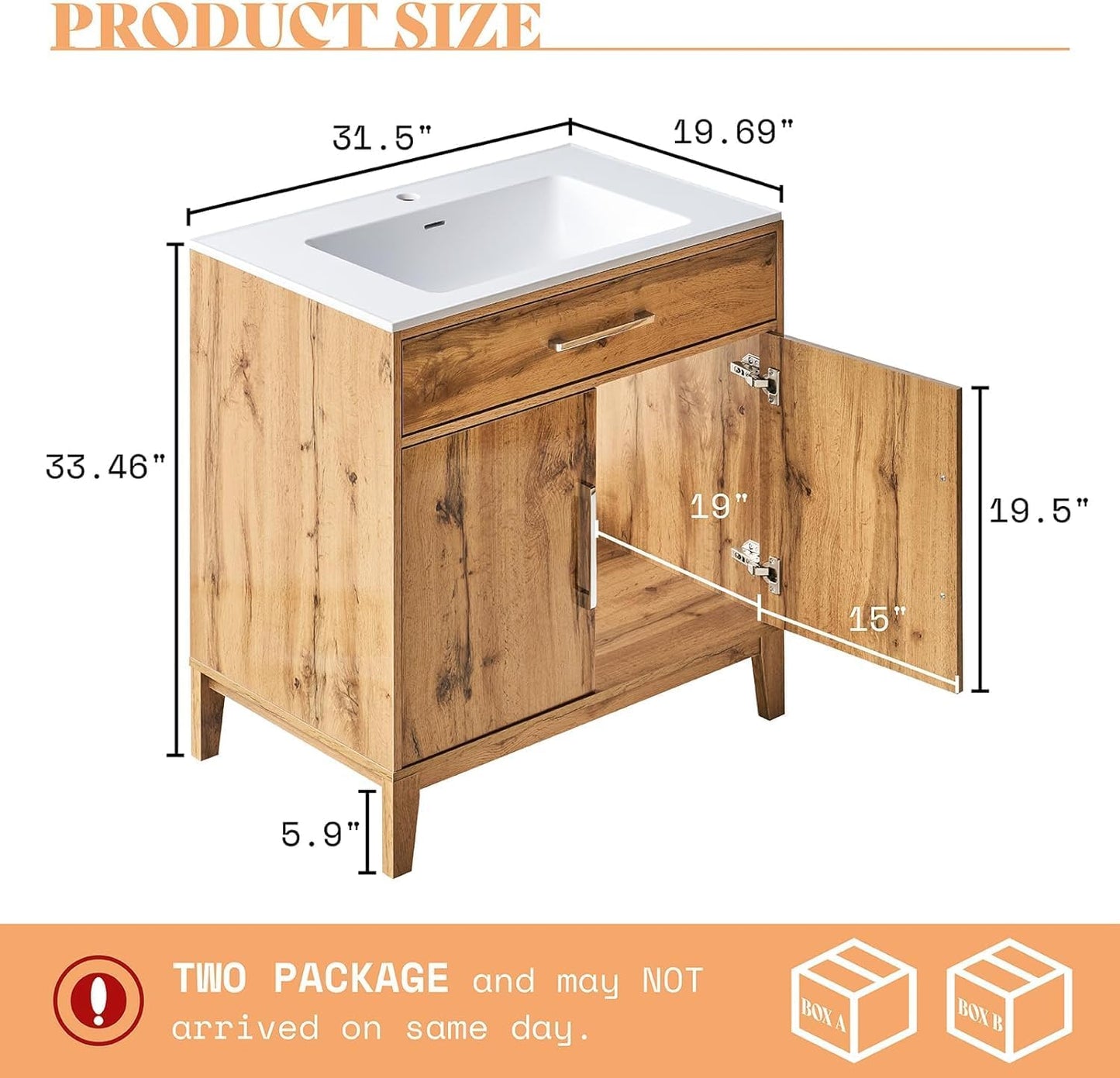 Farmhouse Bathroom Vanity with Sink, 31" High Gloss Single Sink Bath Vanity, Wood Bathroom Sink Cabinet with Bright Handles