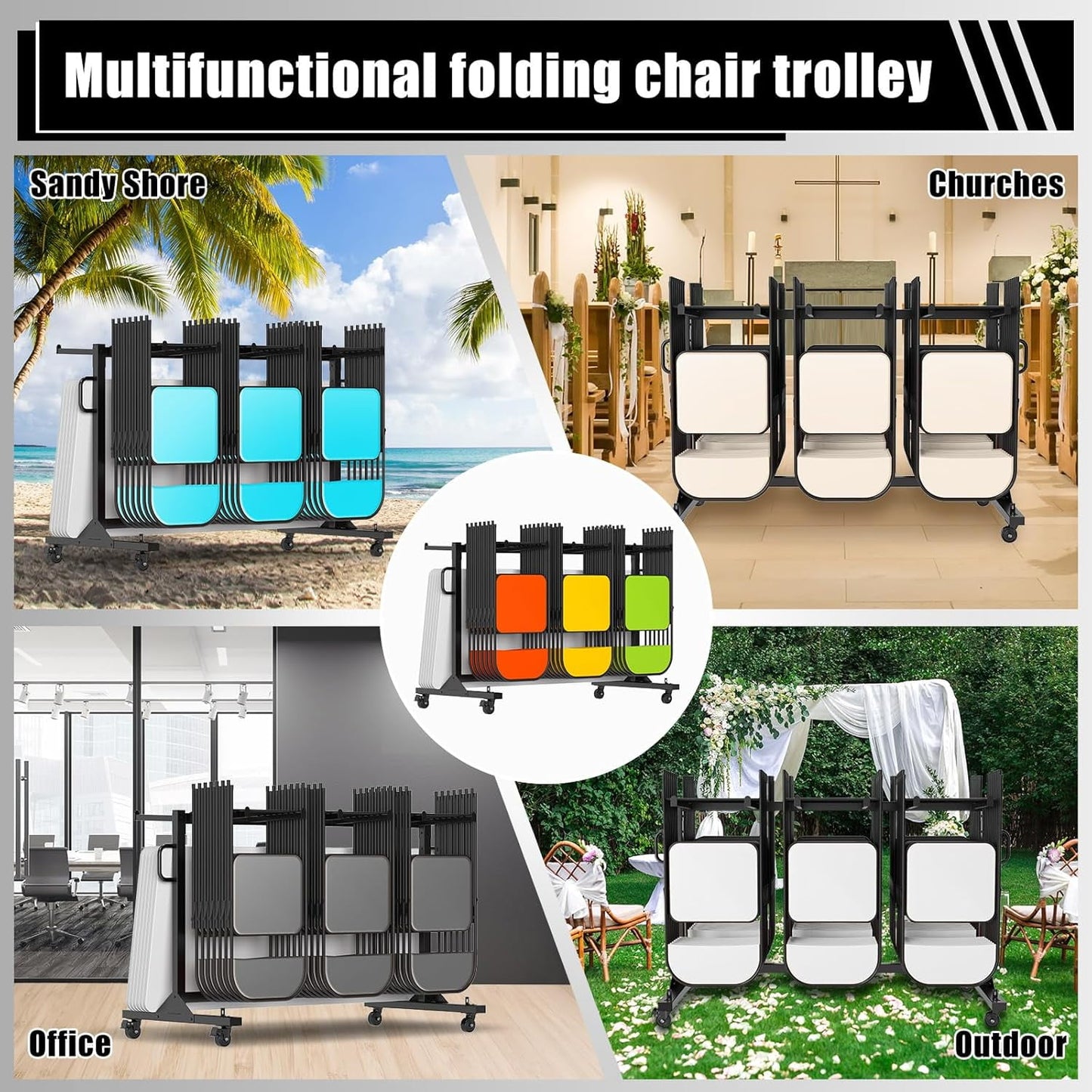 Jocisland Folding Chair Rack 12 Tables or 42 Chairs Storage 550 LBS Capacity Heavy-duty Folding Chair Cart With Wheels, 2 Elastic Cords, Cover, Black