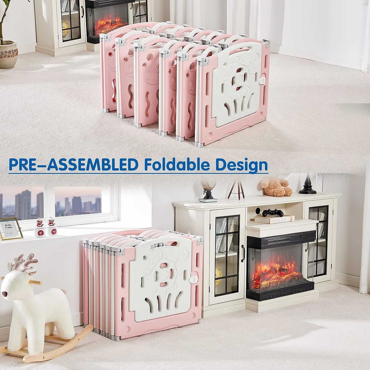 Jocisland 14-Panel Baby Playpen with Game Panel & Safety Gate, Foldable, Adjustable Shape, Portable Play Yard for Toddlers (Pink+White)