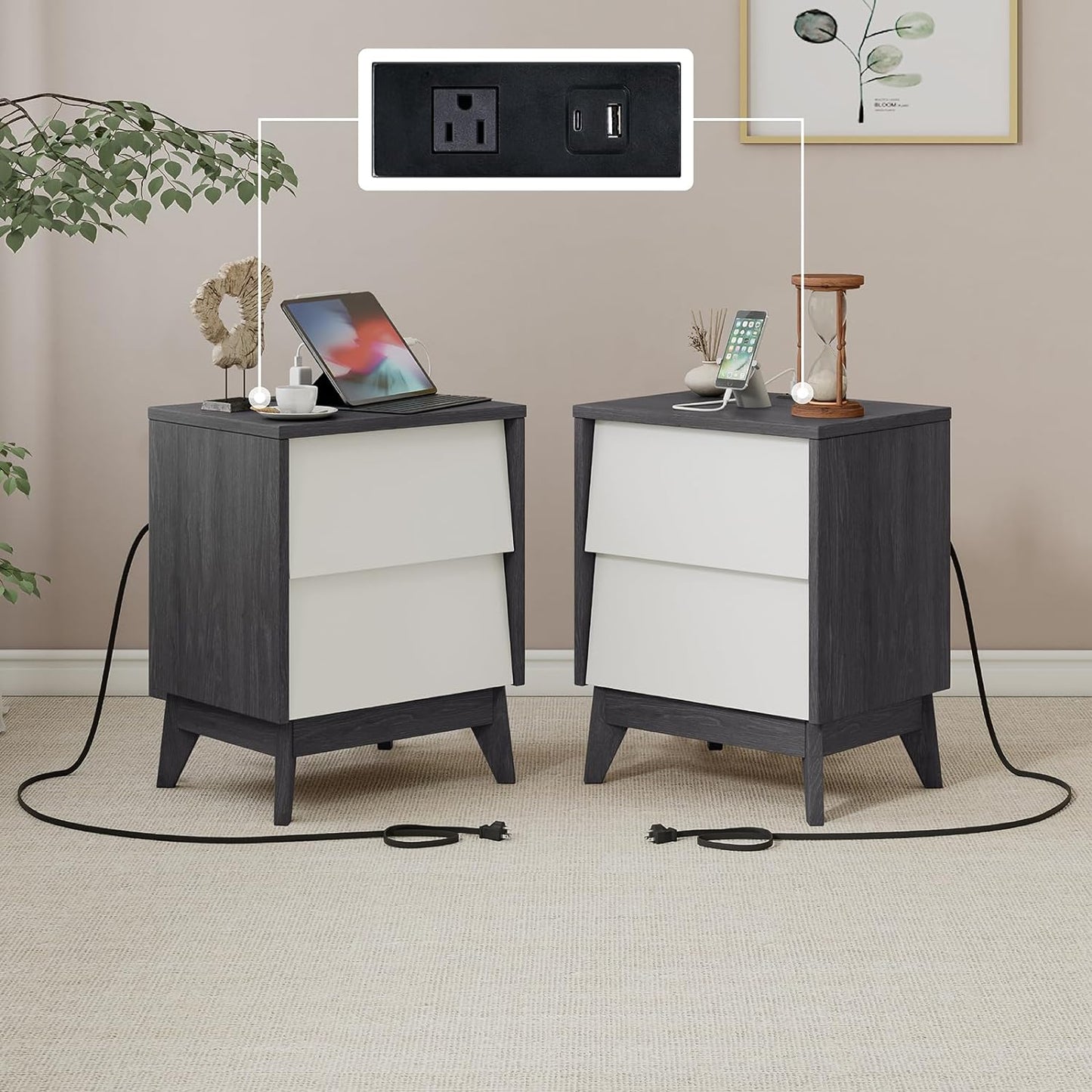 Nightstands Set of 2, Mid-Century End Side Table with Beveled Drawers & Charging Station, Modern Storage Cabinet for Bedroom, Office