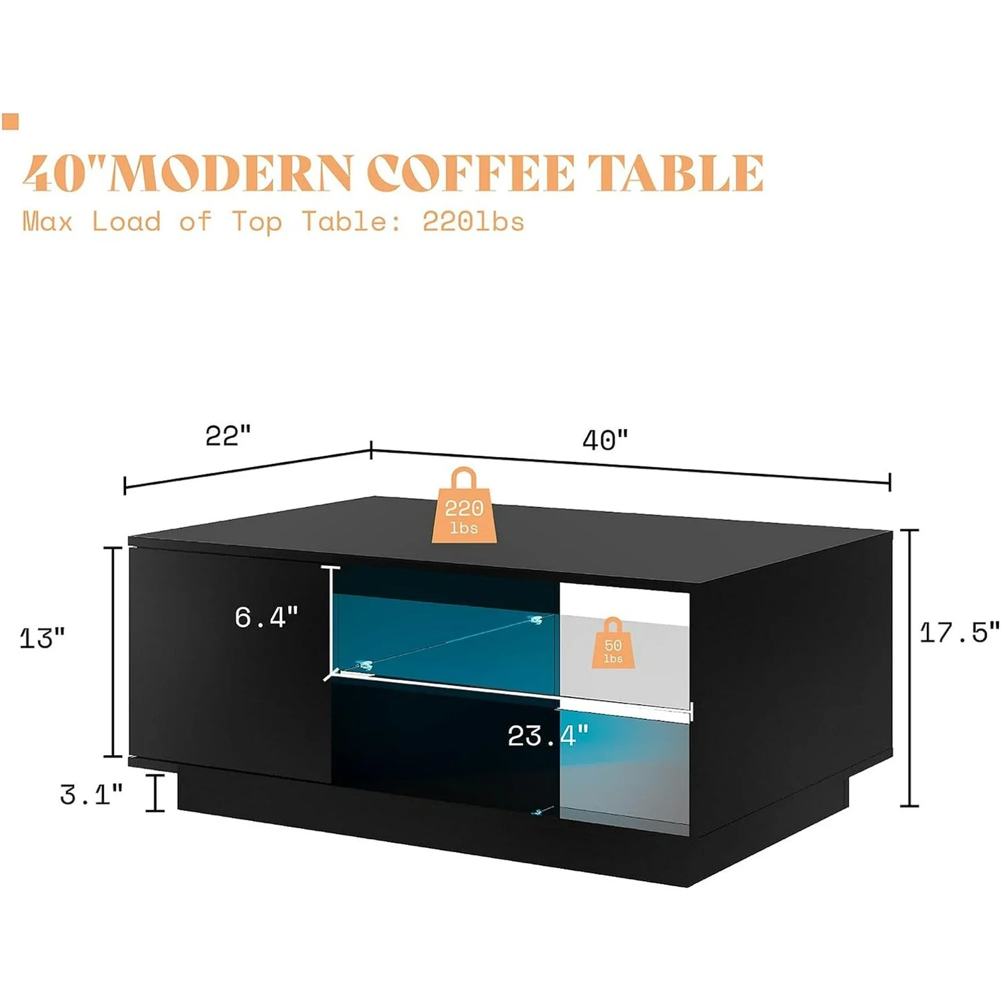 LED Coffee Table with 20-Color Light for Bedroom, Black