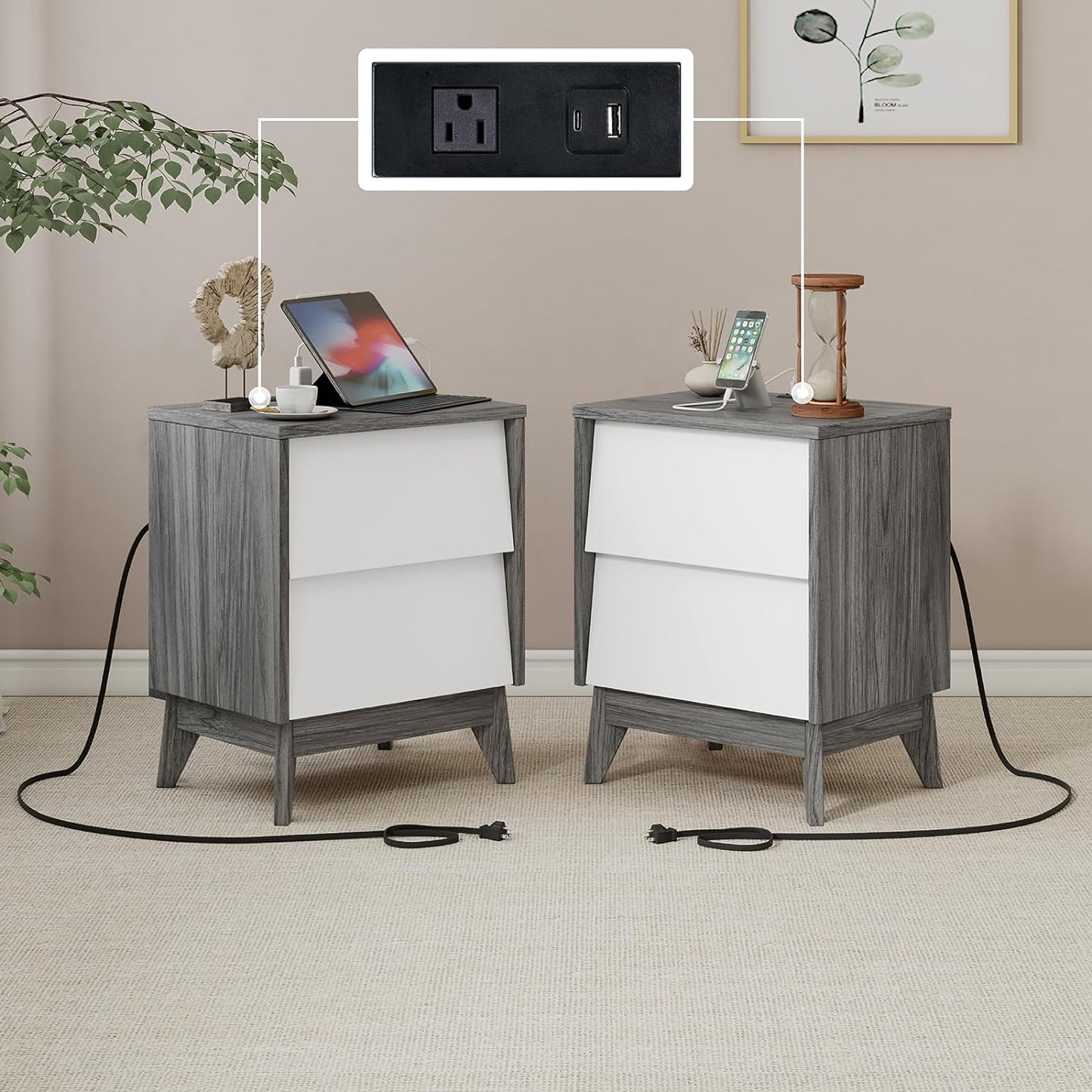 Nightstands Set of 2, Mid-Century End Side Table with Beveled Drawers & Charging Station, Modern Storage Cabinet for Bedroom, Office