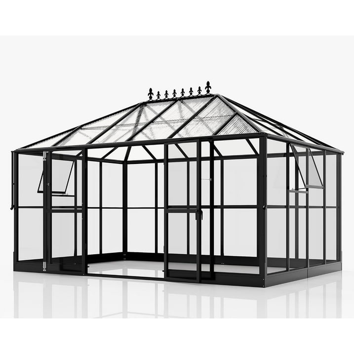 Jocisland 14x9.5x9 FT Pavilion Styled Greenhouse with Clear Panels Double Swing Doors, 6 FT Wall Height Hybrid Polycarbonate Greenhouse, Green Houses for Outdoors, Sunroom Black