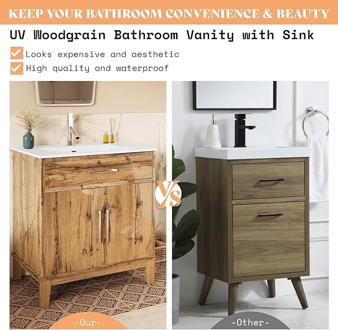 Farmhouse Bathroom Vanity with Sink, 31" High Gloss Single Sink Bath Vanity, Wood Bathroom Sink Cabinet with Bright Handles