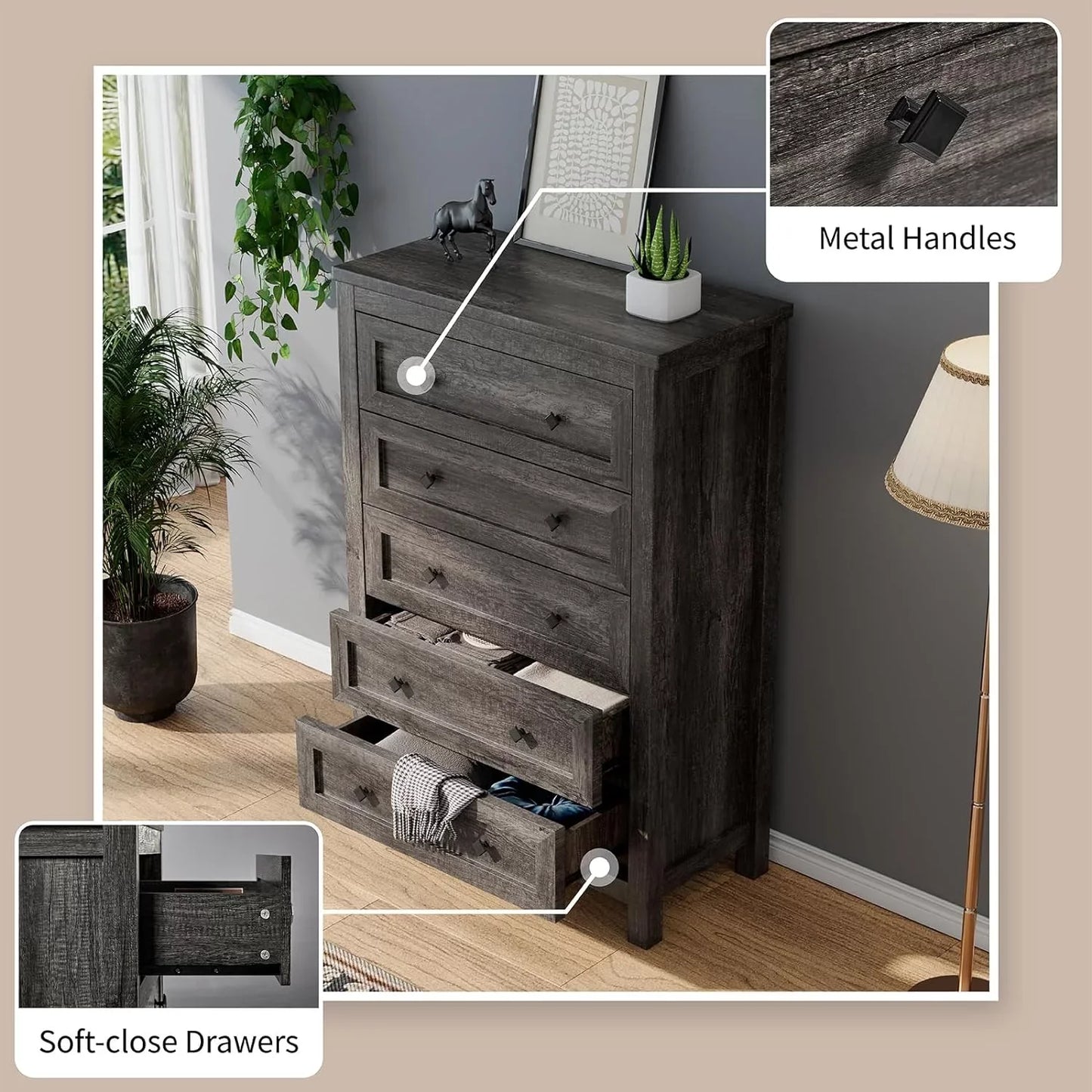 Farmhouse 5 Drawers Dresser, Wood Chest of Drawers for Bedroom, Living Room, Washed Ash