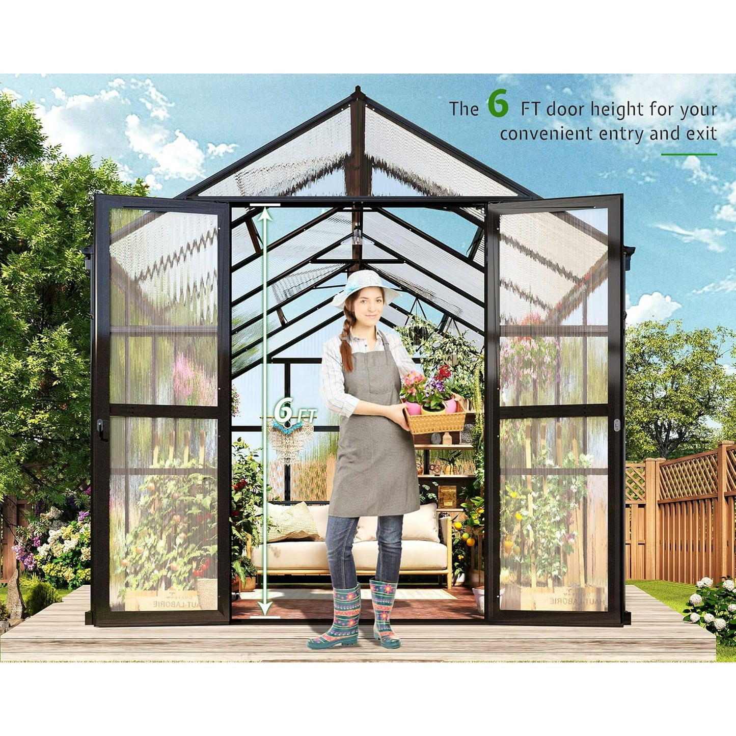 Jocisland 7.5x11x7.5 FT Polycarbonate Greenhouse with Quick Connector Fast Assembly, Outdoor Aluminum Greenhouses with Rain Gutter and Ventilation, Walk in Greenhouse for Backyard Garden, Black