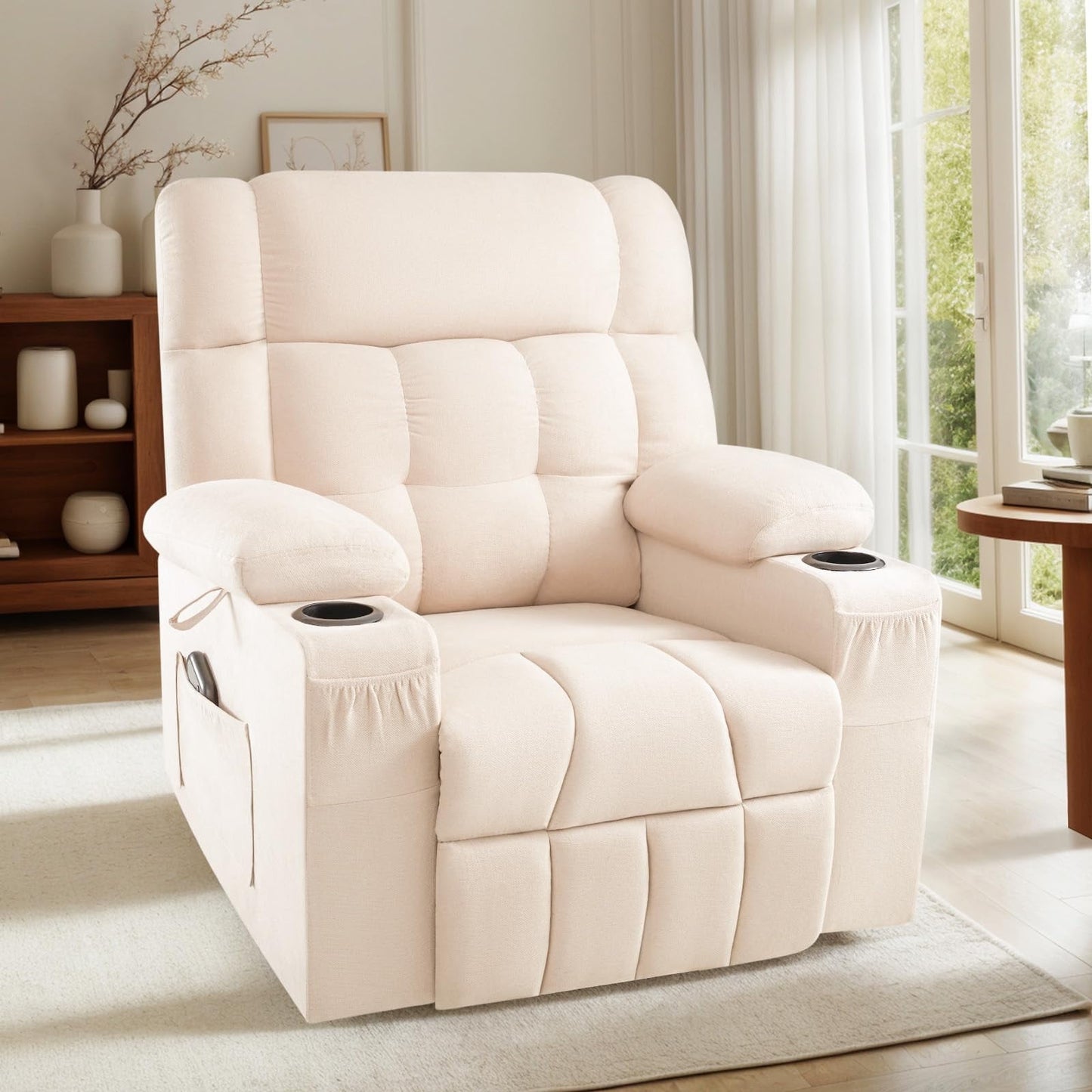 Manual Recliner Chair for Adults,Classic Overstuffed Reclining Chair for Living Room with Cup Holders,Side Pockets